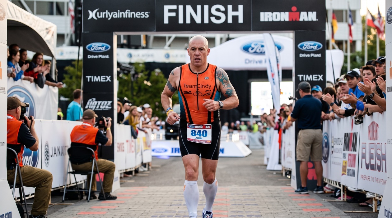 Ariel Legassa crossing the Ironman finish line