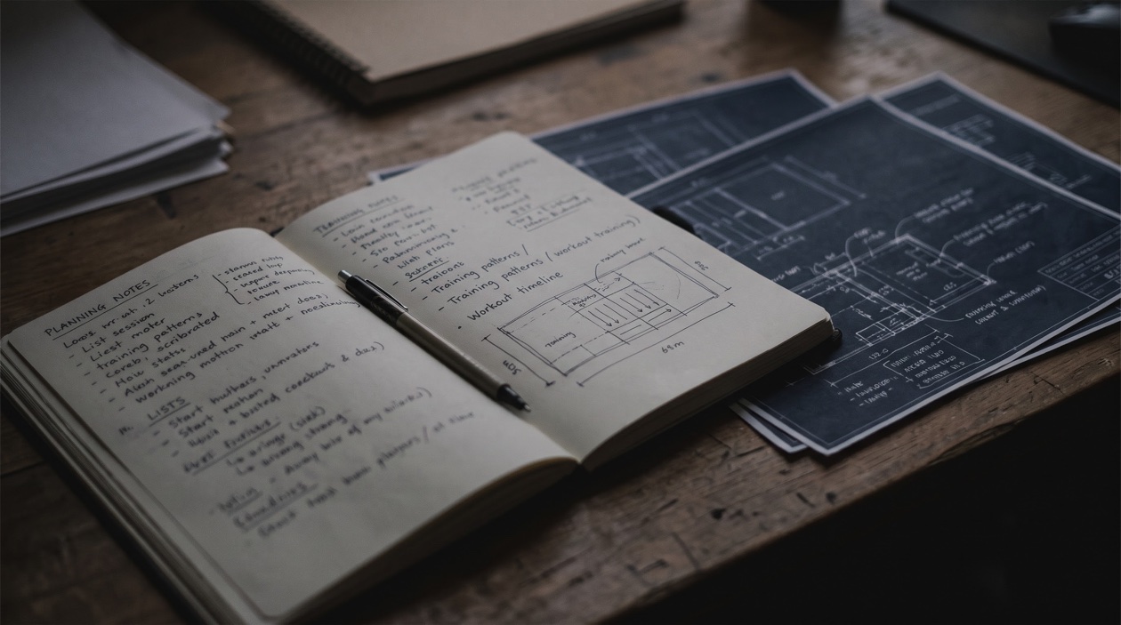 Planning notebook and blueprint sheets on a desk